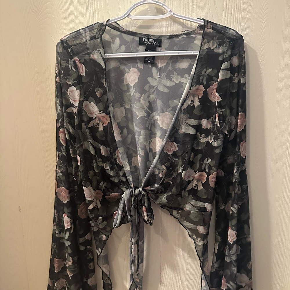 Thorn & Fable Black Floral Sheer Tie-Front Top